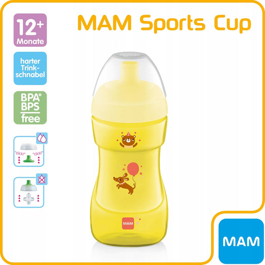 MAM Sports Cup bidon 330 ml 12msc+ żółty kubek dla dzieci BPA free z higieniczną nasadką