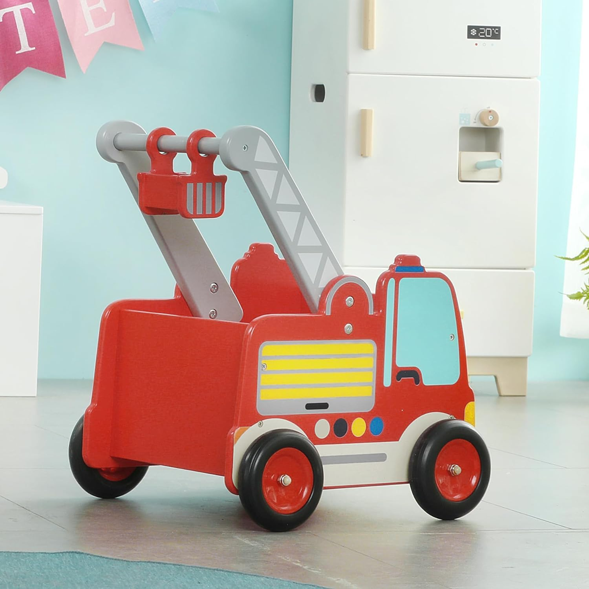 LABEBE chariot en bois CAMION DE POMPIERS 37,5 x 45 cm
