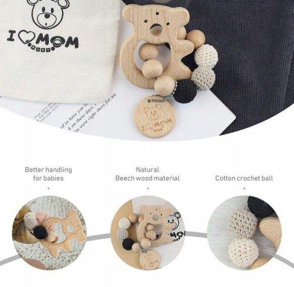 DREWNIANY GRYZAK koala dla niemowląt z naturalnego drewna, z bawełnianymi kulkami i haftem I LOVE MOM
