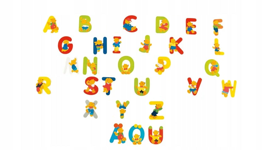BIECO drewniane litery alfabet z MISIAMI kolorowe drewniane literki 3+ zestaw edukacyjny