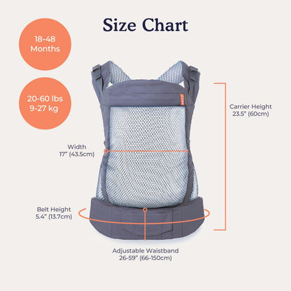 BECO TODDLER nosidełko klamrowe 9-27kg mesh 3d size chart 18-48 miesięcy, 20-60 lbs