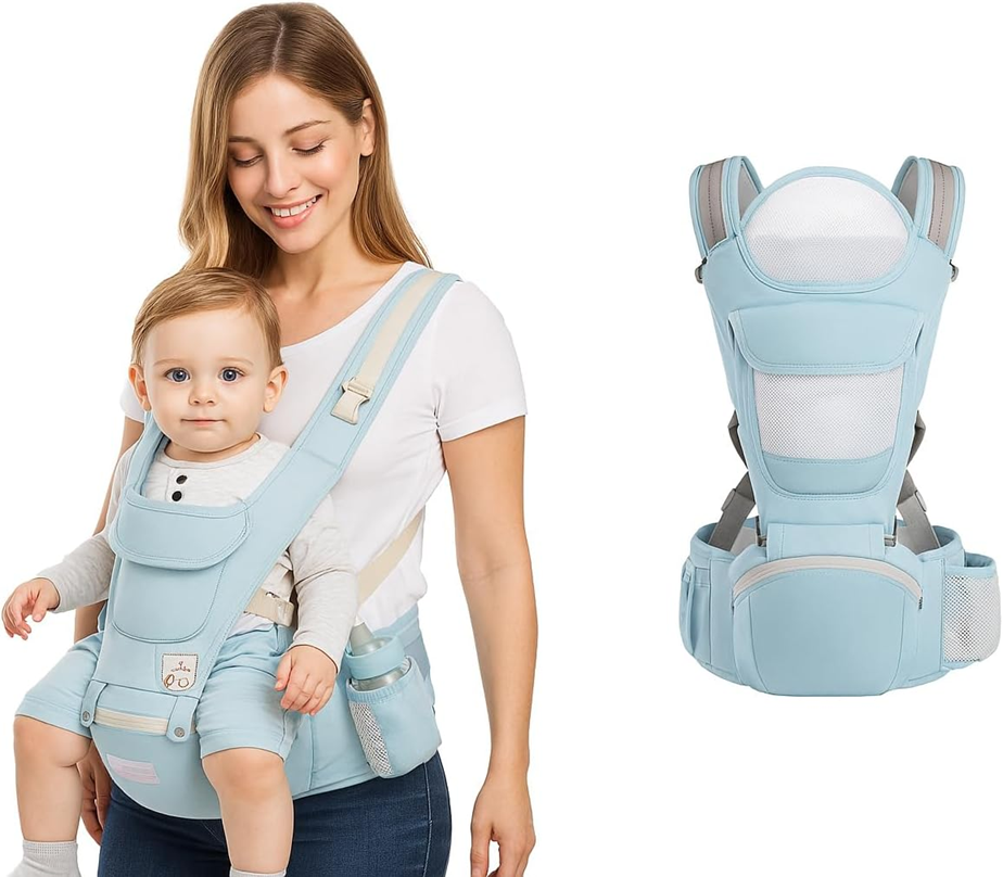 NOSIDEŁKO ergonomiczne z pasem biodrowym 4w1 dla dziecka, komfortowe i oddychające, kolor jasnoniebieski