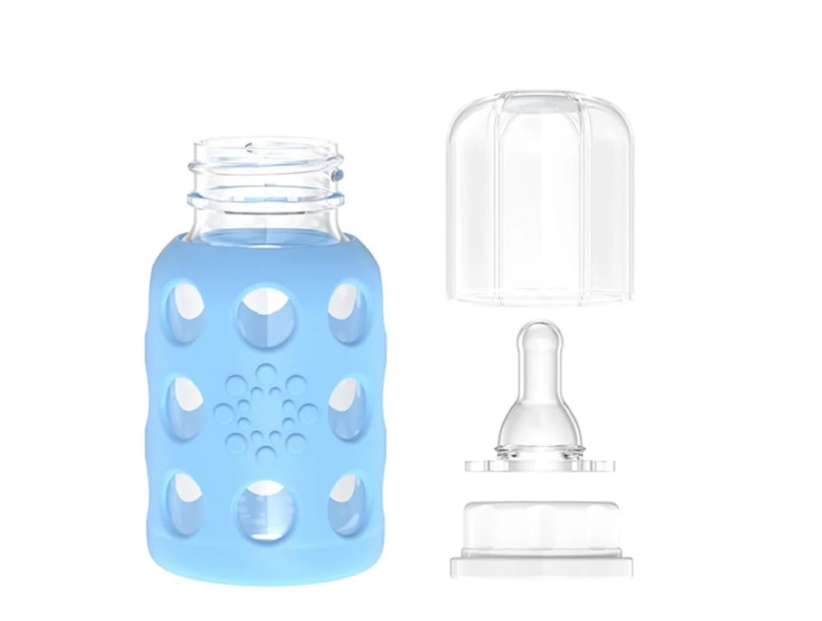LifeFactory szklana butelka z etui 120 ml 3 m+ smoczek 1