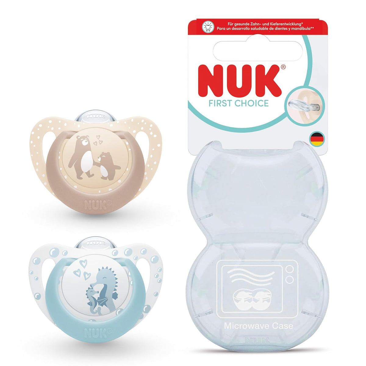 NUK First Choice smoczek uspokajający silikonowy x2 0-6m – misia i konika morskiego lekka tarczka do codziennego…