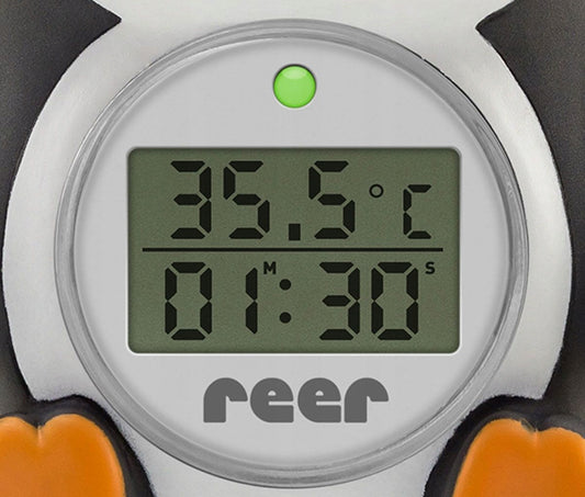REER MyHappyPingu 2w1 cyfrowy termometr kąpielowy i pokojowy, czarno-biały, pokazuje 35,5°C