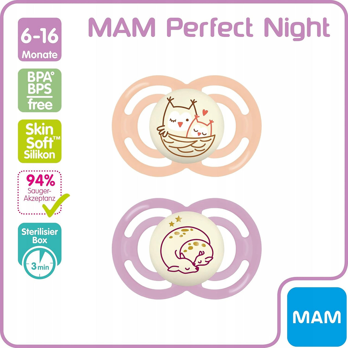 MAM Perfect Night smoczek uspokajający x2 6-18msc + box