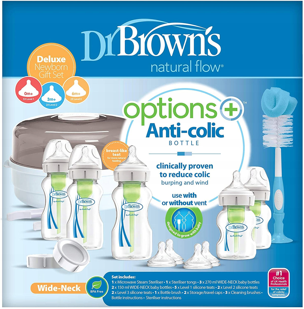 DR. BROWN'S zestaw startowy sterylizator mikrofalowy + butelki i akcesoria, zestaw antykolkowy BPA-free