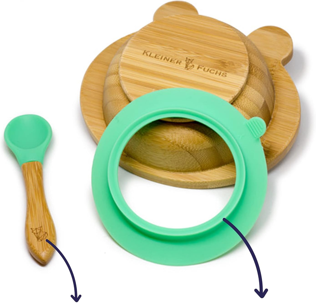 KLEINER FUCHS plato de bambú con ventosa y cuchara rana para bebés