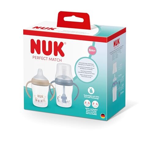 NUK Perfect Match kubki ze słomką 2x150 ml 6+ – niebieski miękki element dopasowany do wieku dziecka kształt wspierający…