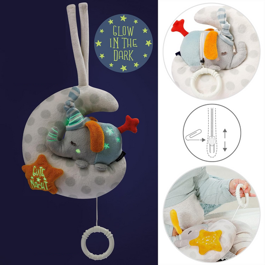 FEHN suspension lumineuse avec boîte à musique pour poussette et lit bébé ÉLÉPHANT SUR LA LUNE