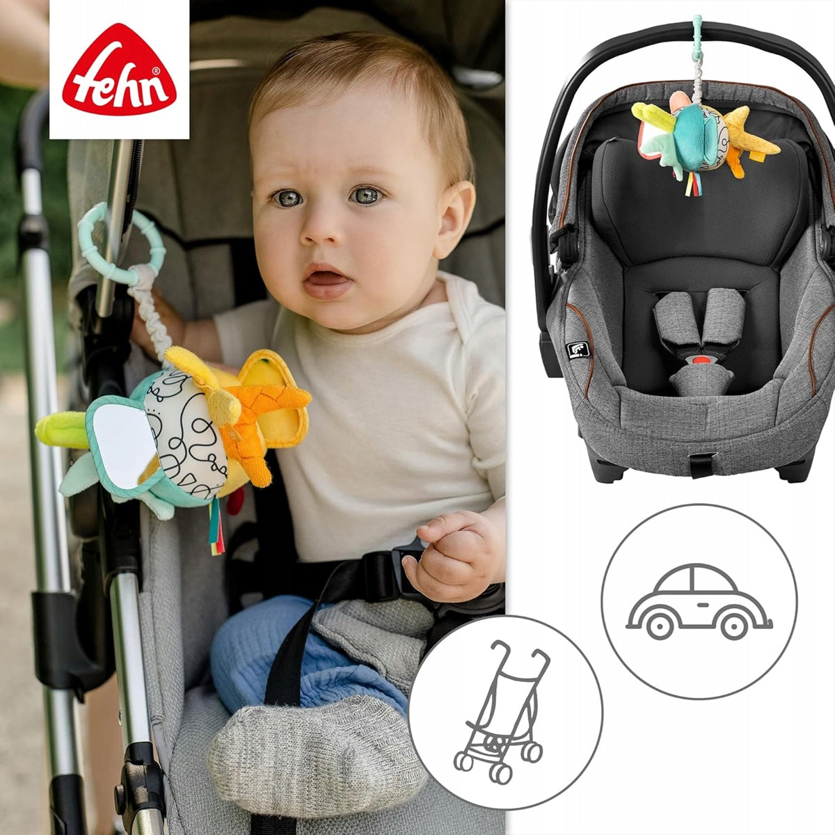 FEHN Dobabydoo suspension avec pouet et miroirs pour poussette, siège auto 23 cm