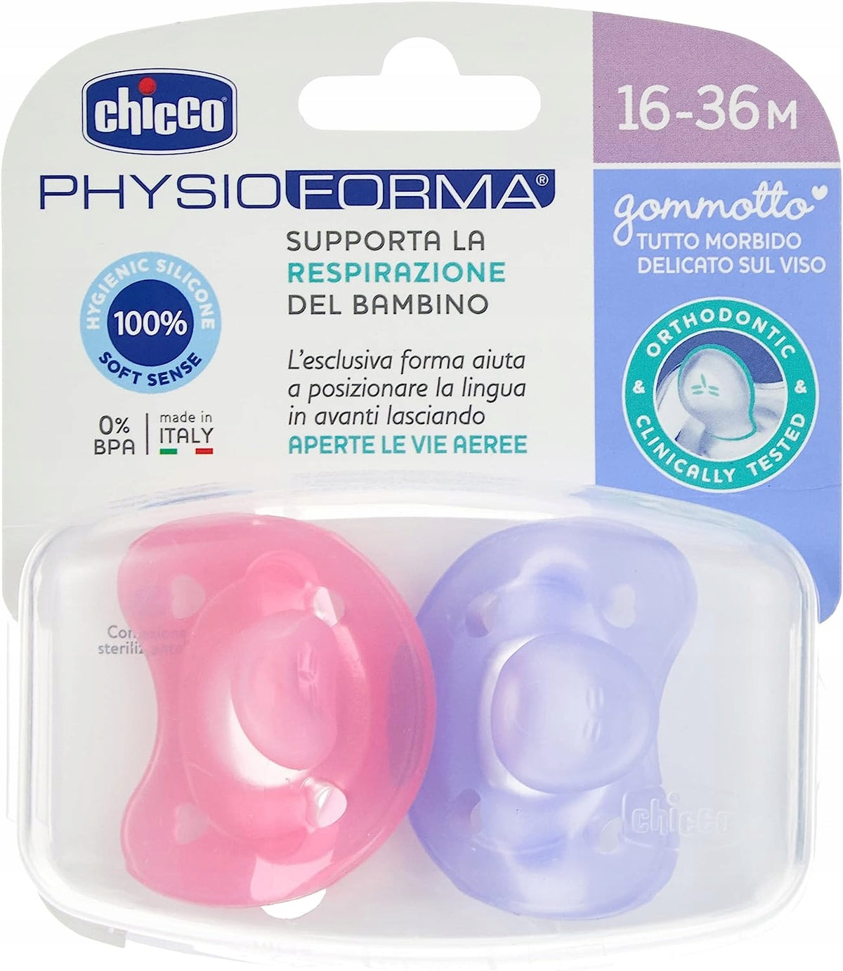 CHICCO PhysioForma smoczek x2 16-36m, silikonowe smoczki uspokajające BPA free, różowy i fioletowy