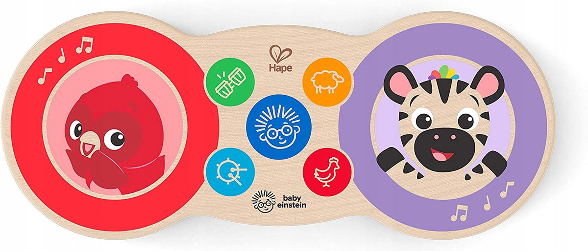 HAPE Magic Touch drewniane BONGO dotykowe z motywami zwierząt, niebieska zabawka muzyczna dla dzieci 6 m+