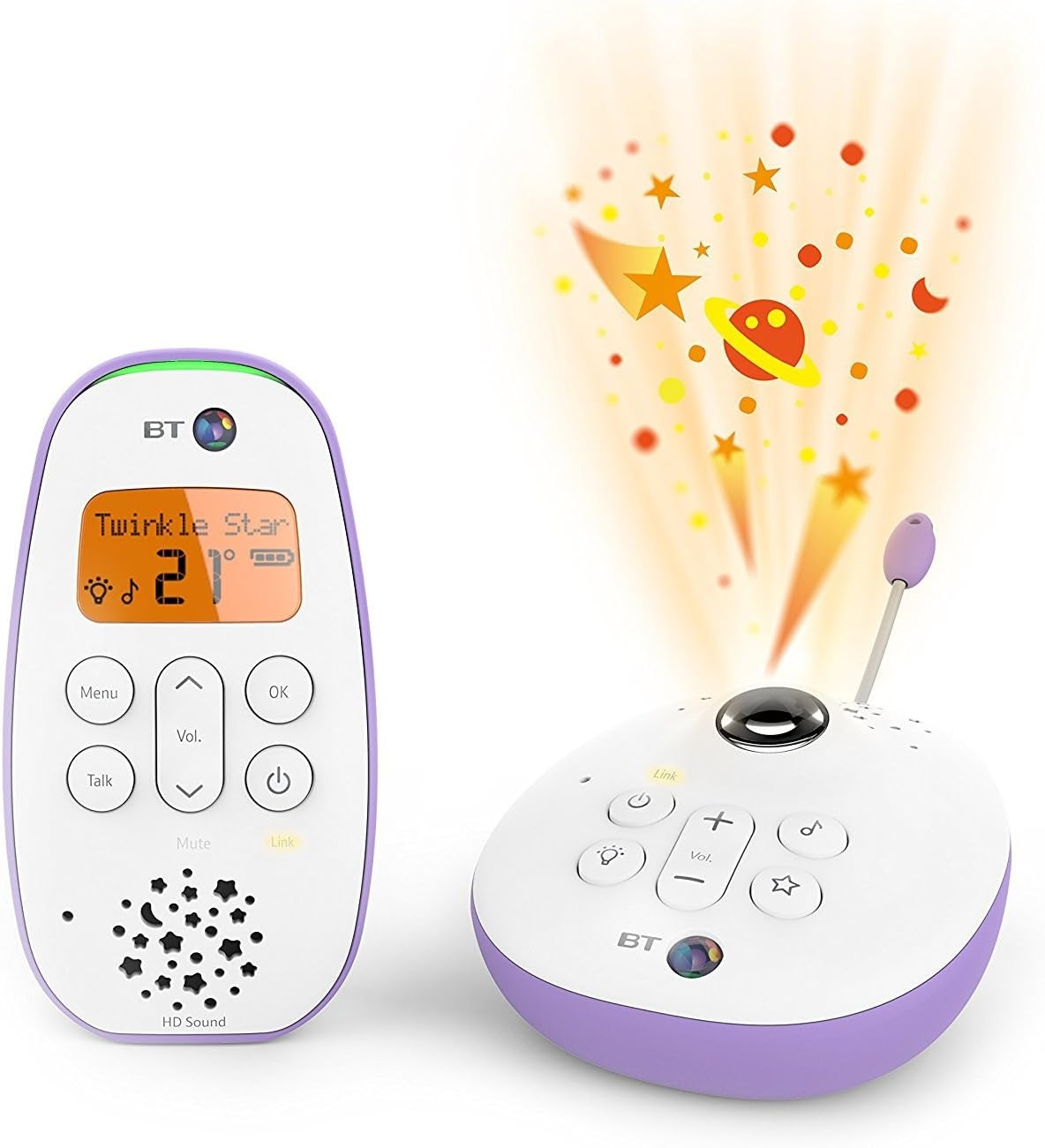 BT 450 cyfrowa niania elektroniczna audio z projektorem gwiazd, biało-fioletowa