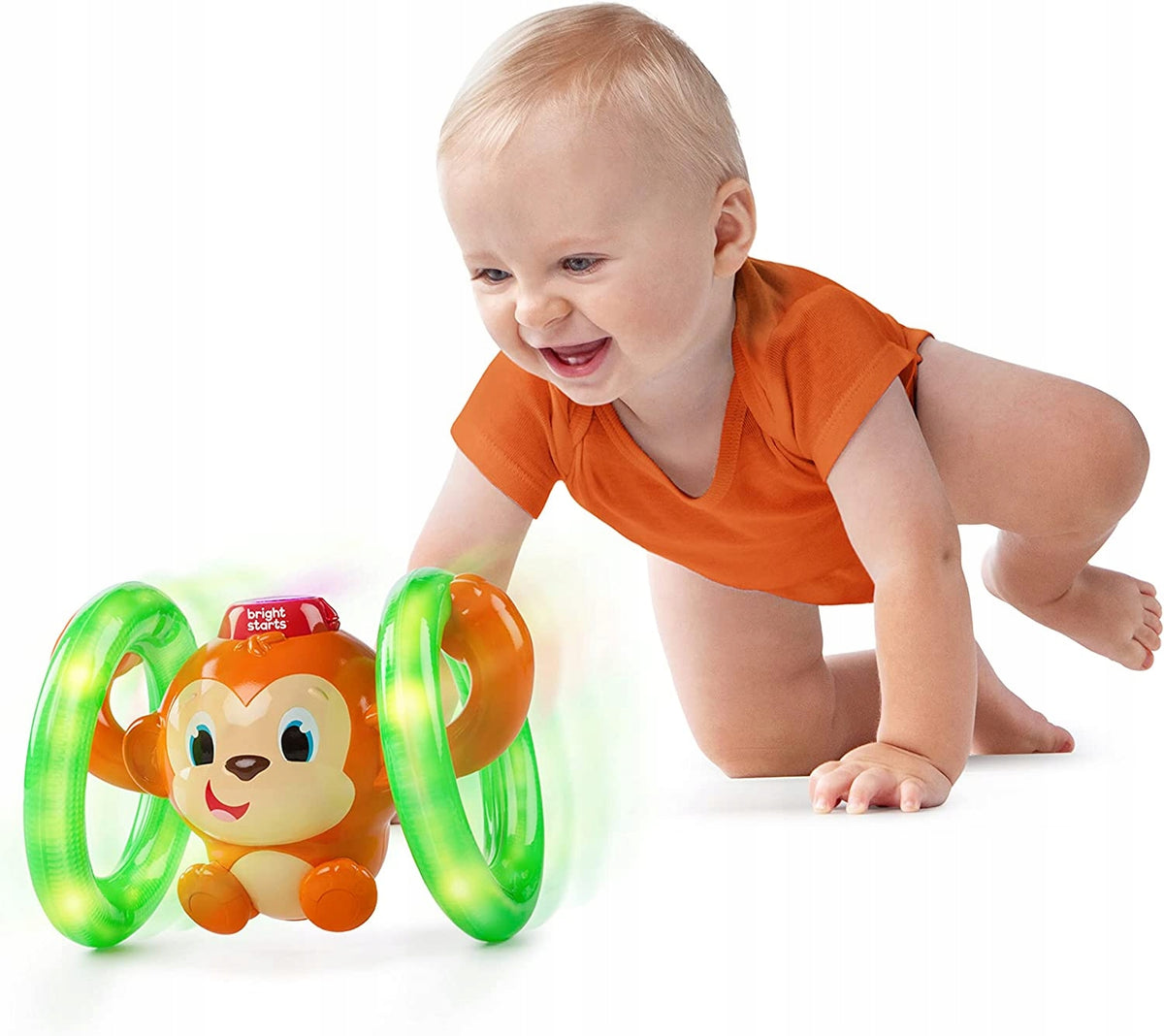 BRIGHT STARTS małpka ROLL&GLOW światło dźwięk interaktywna zabawka dla niemowląt 6m+, zachęca do ruchu