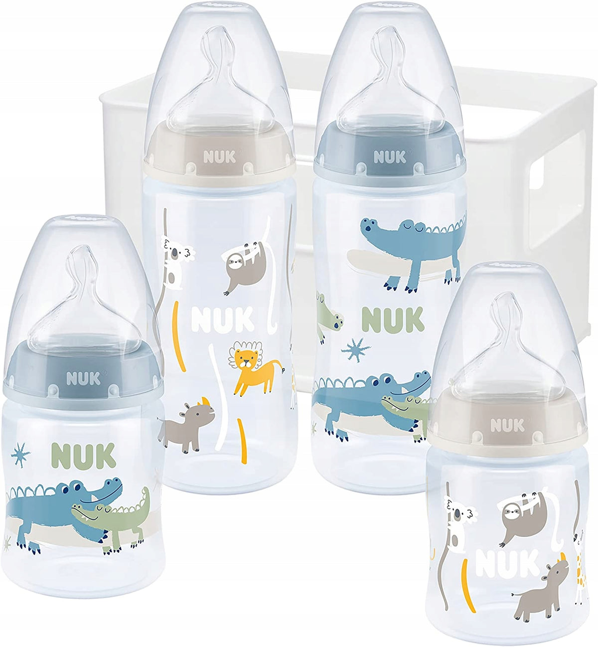 NUK First Choice+ zestaw startowy 4 butelki + koszyk organizer 0-6 m