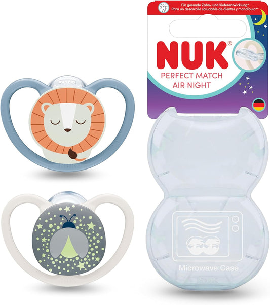 NUK Perfect Match Air Night smoczek uspokajający 0-6m x2, świecący w ciemności, z etui do sterylizacji