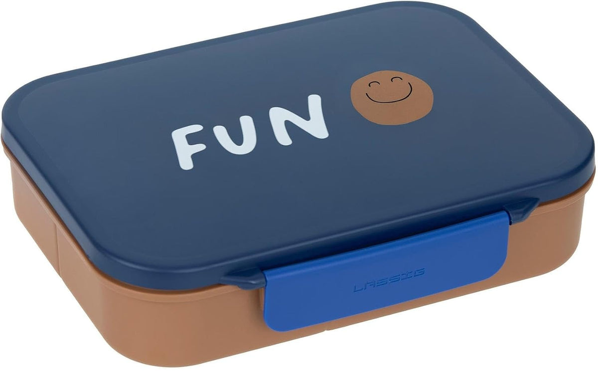 Zamknięta śniadaniówka Lässig Bento Little Gang Smile z granatową pokrywką, napisem FUN i uśmiechniętą buźką.