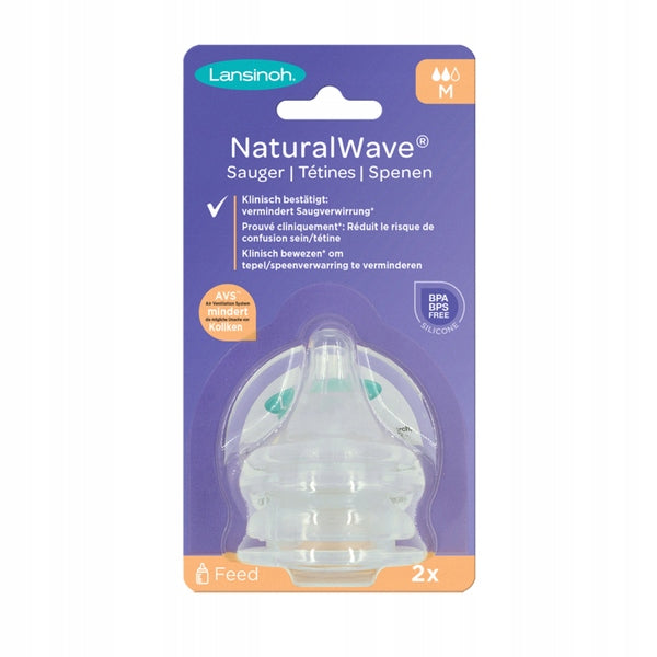 LANSINOH NaturalWave smoczki do butelki 3m+ silikonowe smoczki do butelki 2 szt., miękkie i elastyczne
