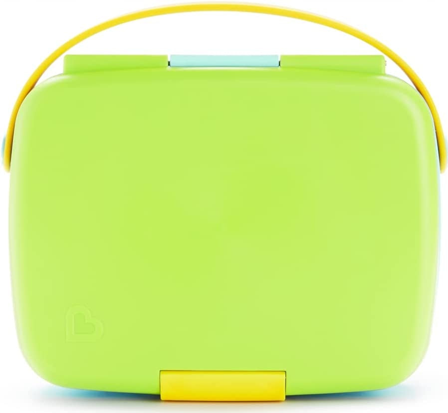MUNCHKIN Bento Box śniadaniówka + sztućce, 5 komór zielono-żółta z uchwytem, bez BPA, do przedszkola