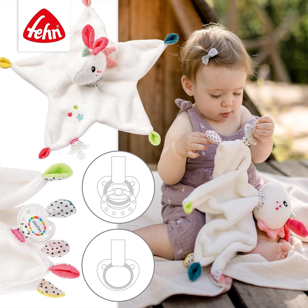 FEHN komforter przytulanka AIKO&YUKI 30 cm, miękka przytulanka dla niemowląt z jednorożcem