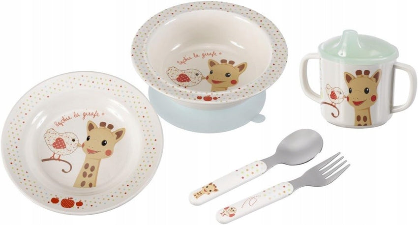 SOPHIE LA GIRAFE suction bowl, plate, fork, spoon - DAMAGED CUP!