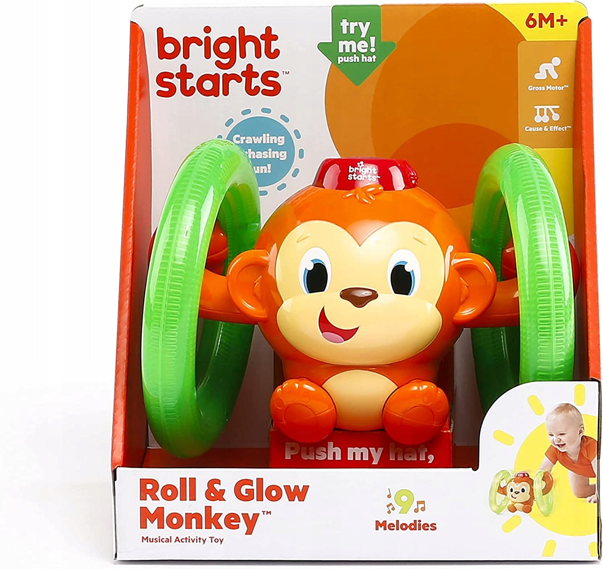 BRIGHT STARTS małpka ROLL&GLOW światło dźwięk interaktywna zabawka 6m+, kolorowe kółka i melodie