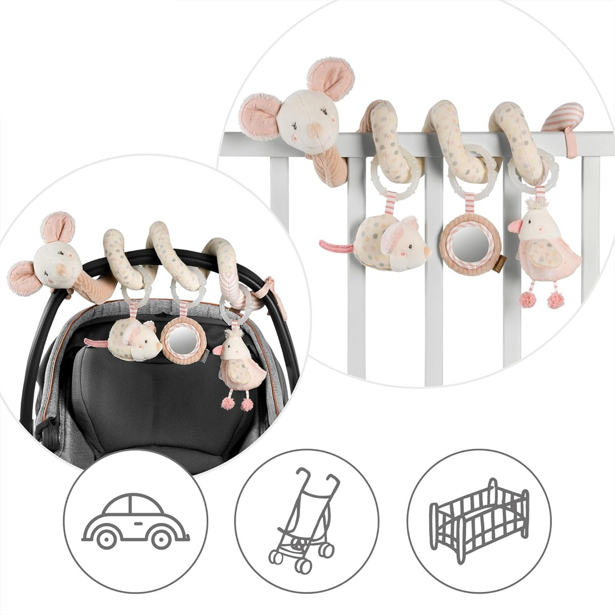 FEHN spirale suspendue pour poussette lit siège SOURIS 35 cm broderie lumineuse