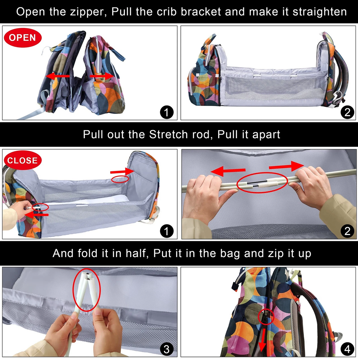 SNDMOR sac à dos pour poussette avec accessoires et lit de voyage