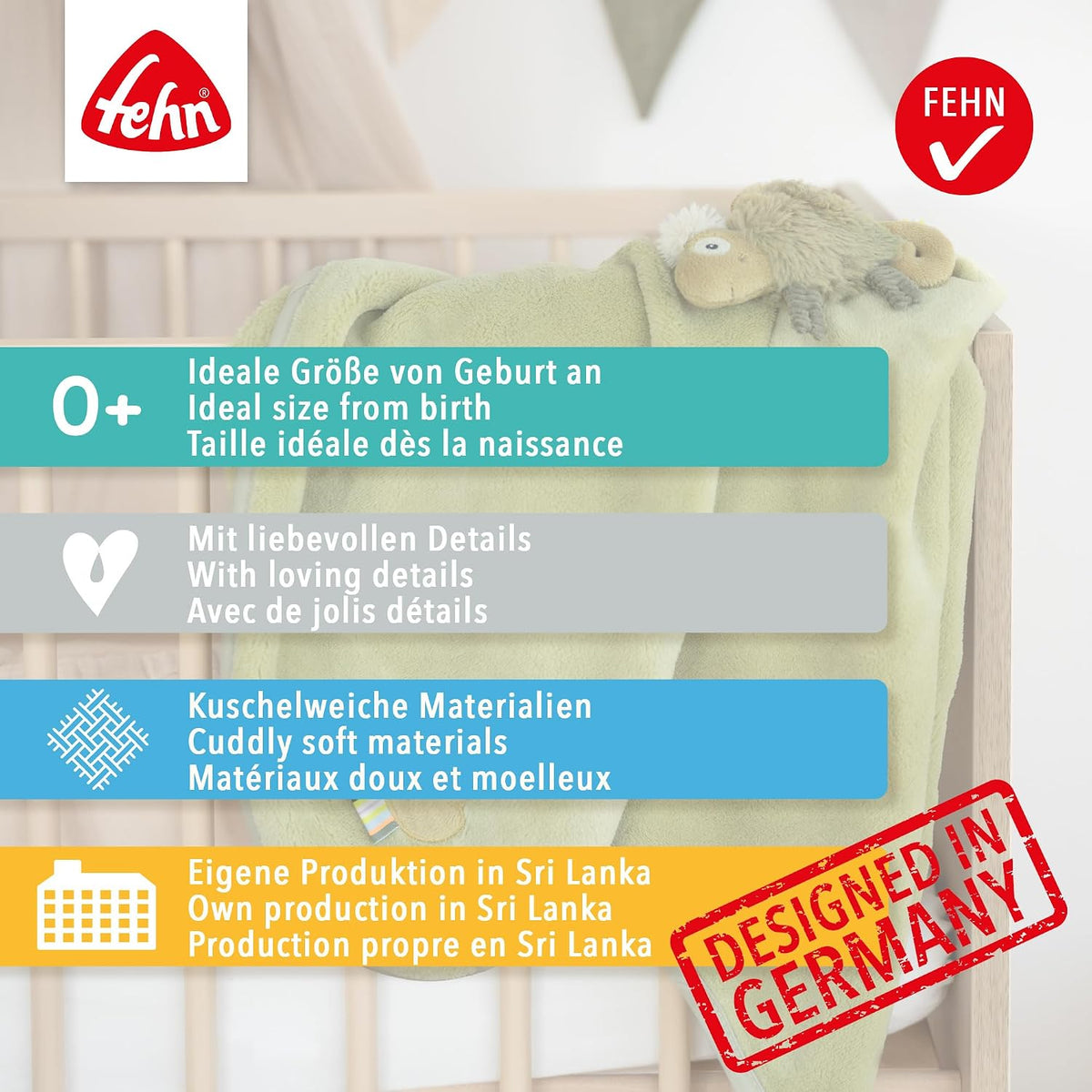 FEHN Mały Zamek koc dla niemowląt 75x100 cm z grzechotką, miękki kocyk 0+ z uroczym designem