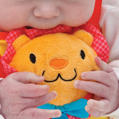 MUNCHKIN Lew Lenny skoczek futrynowy do 12 kg, miękki pluszowy lew dla niemowląt w kolorze pomarańczowo-żółtym