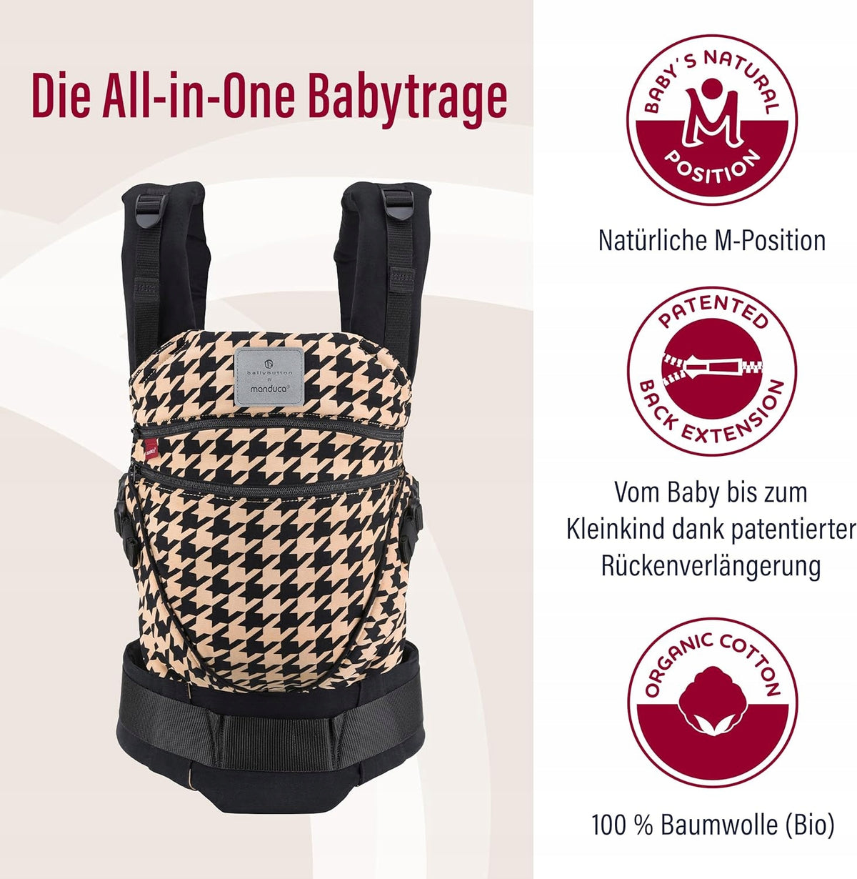 MANDUCA XT nosidełko klamrowe z bawełny organicznej, pepita black, naturalna pozycja M dla dzieci