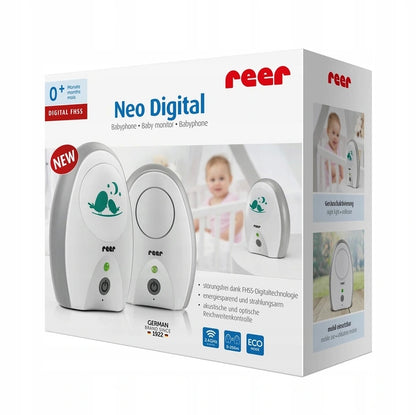 REER Neo Digital cyfrowa niania elektroniczna w białym i szarym opakowaniu, monitor dla niemowląt z zestawem USB i zasilaczem