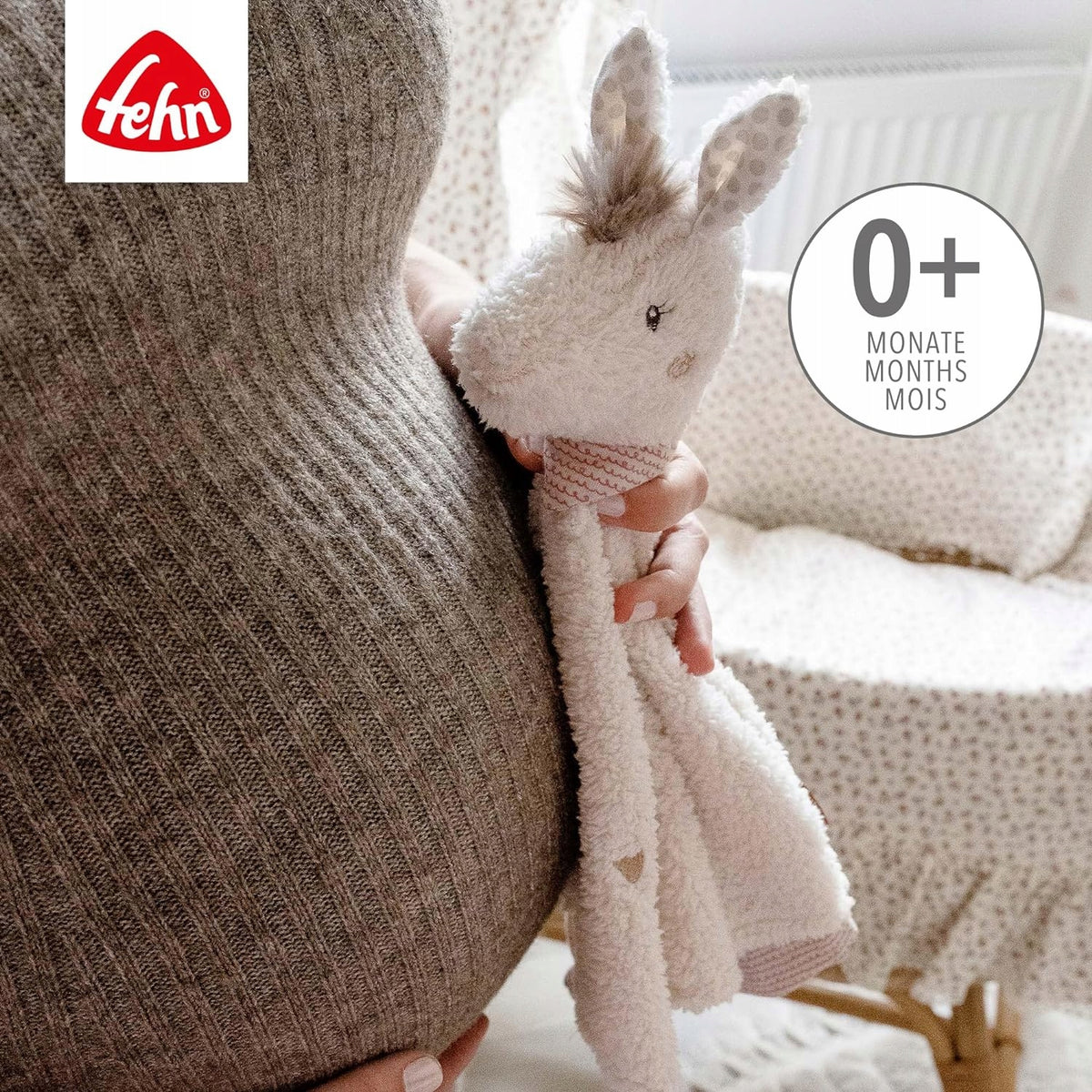FEHN Peru kocyk do przytulania LAMA 34cm, miękki kocyk z pierścieniem na smoczek dla dzieci 0+