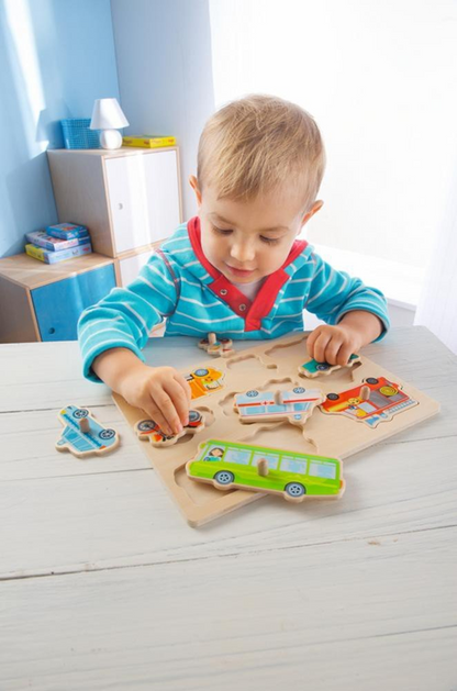 HABA drewniane puzzle wtykowe 8 elementów 21 x 30 cm POJAZDY