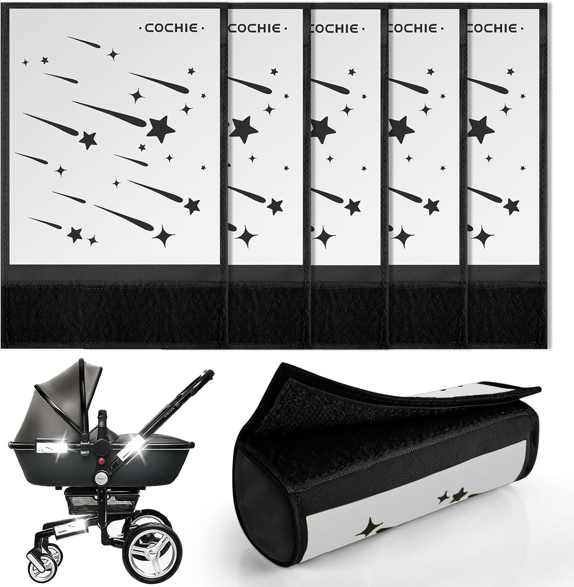 COCHIE bandes réfléchissantes à scratch pour poussette et plus 10 x 15 cm 5 pièces MÉTÉORES