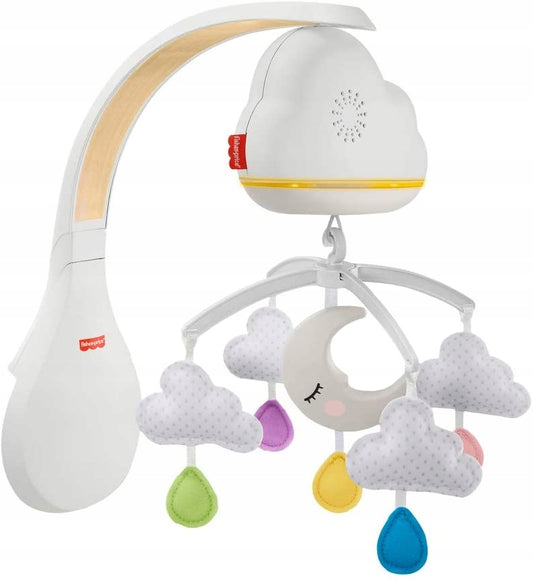FISHER PRICE karuzela z czujnikiem hałasu, lampka "O dla niemowląt z chmurkami, muzyką i światełkiem