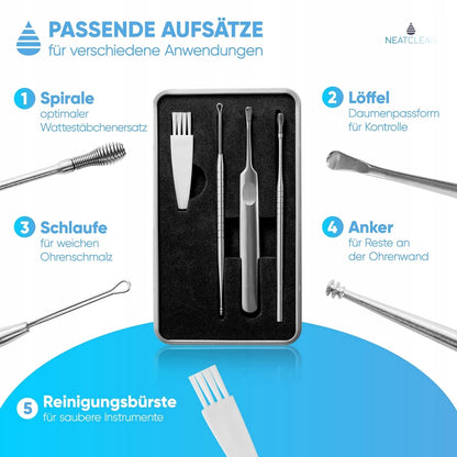 NEATCLEAN zestaw do pielęgnacji i czyszczenia uszu z 5 końcówkami i metalowym pudełkiem