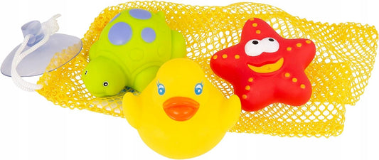 PLAYGRO 3 brinquedos de banho + rede de arrumação com ventosa