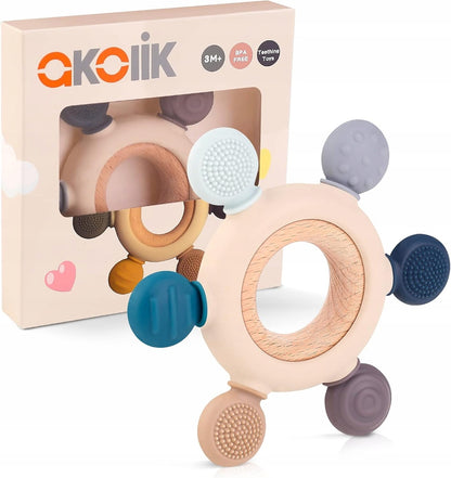 AKOLIK anneau de dentition massant en silicone et bois 10,8 cm 3 m+