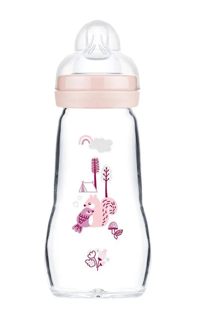 MAM Feel Good butelka szklana 260 ml 2 m+ smoczek 2 LAS, różowa butelka dla niemowląt z motywem lasu