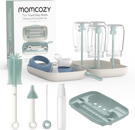 Zestaw Momcozy ze szczotkami, etui i suszarką, pokazany obok pudełka.