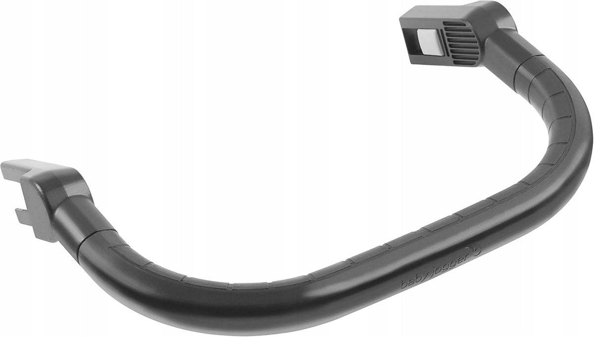 Czarny wygięty pałąk do wózka z elementami mocującymi na obu końcach.