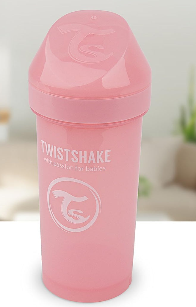 TWISTSHAKE Kid Cup kubek niekapek z ustnikiem i blenderem 360 ml 12 m+ różowy, twardy ustnik