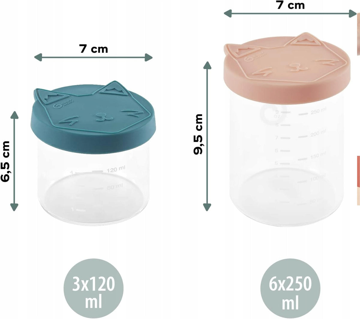 BABYMOOV ISY BOWLS pojemniki SZKLANE 6x250 3x120, zestaw pojemników 3x120 ml i 6x250 ml z wymiarami