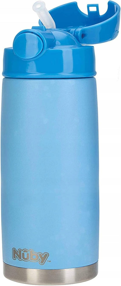 NUBY kubek termiczny ze stali nierdzewnej 415 ml, niebieski, z ustnikiem i słomką