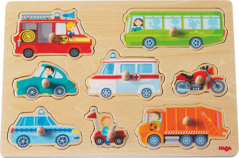 HABA drewniane puzzle wtykowe 8 elementów 21 x 30 cm POJAZDY