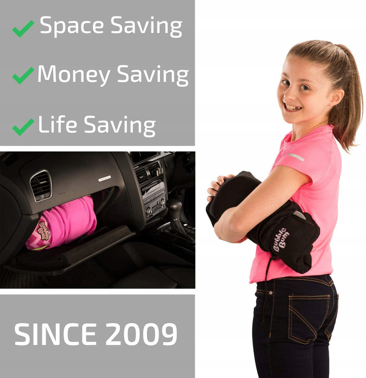 BubbleBum DMUCHANE SIEDZISKO DO AUTA 15-36 kg, kompaktowe czarne podwyższenie dla dziecka w samochodzie