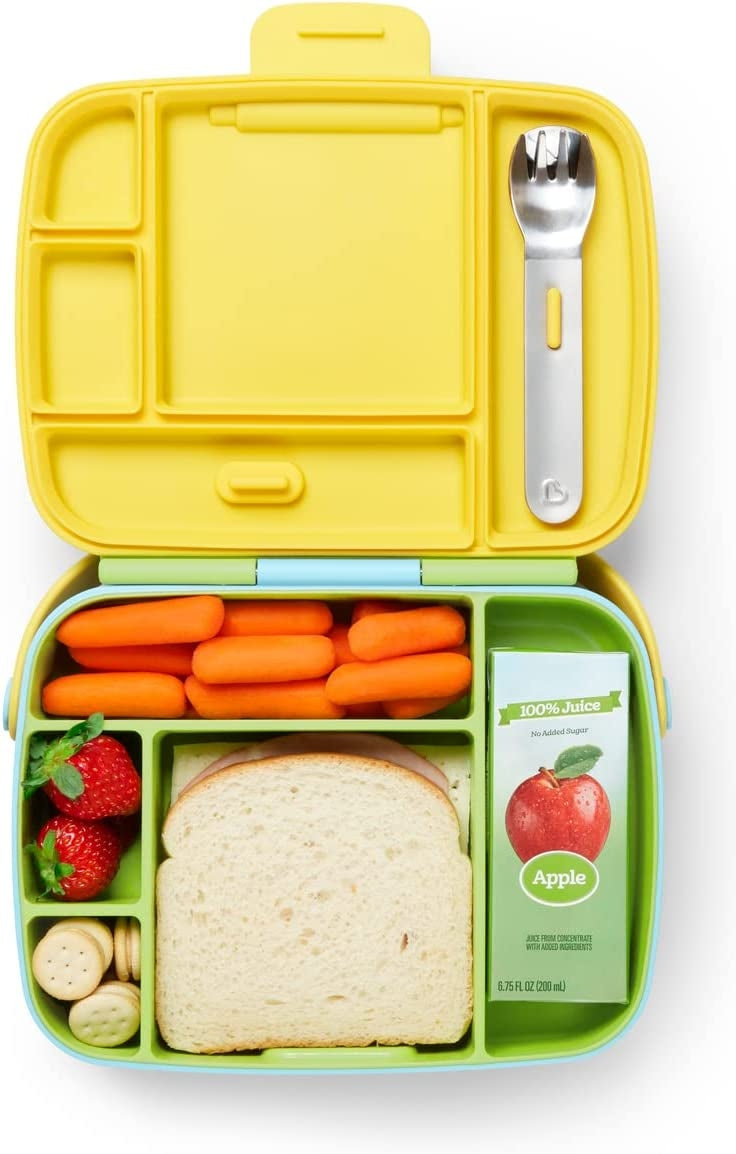 MUNCHKIN Bento Box śniadaniówka + sztućce, 5 komór. Żółte lunchbox z przegródkami i sztućcem, idealne do szkoły i przedszkola.