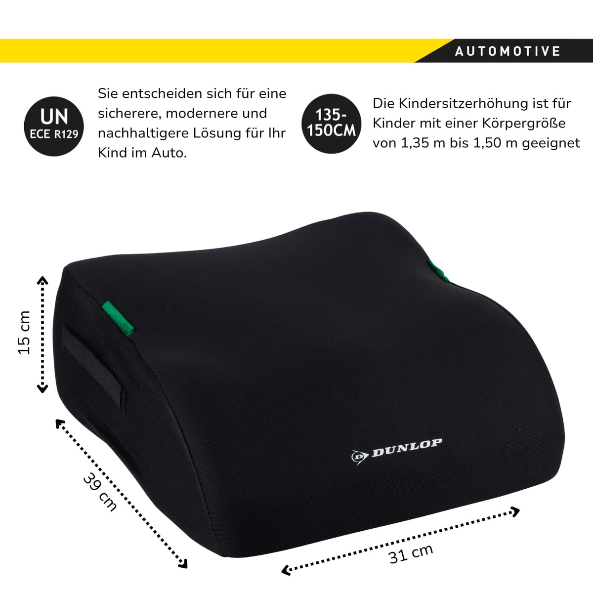 DUNLOP Car Booster fotelik samochodowy podwyższający 135-150 cm, czarny, ECE R129, 39x31x15 cm